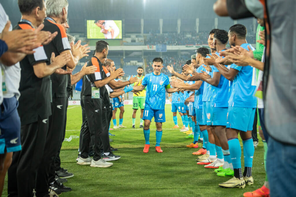 Sunil chhetri felicitated by aiff president after kuwait game
							2